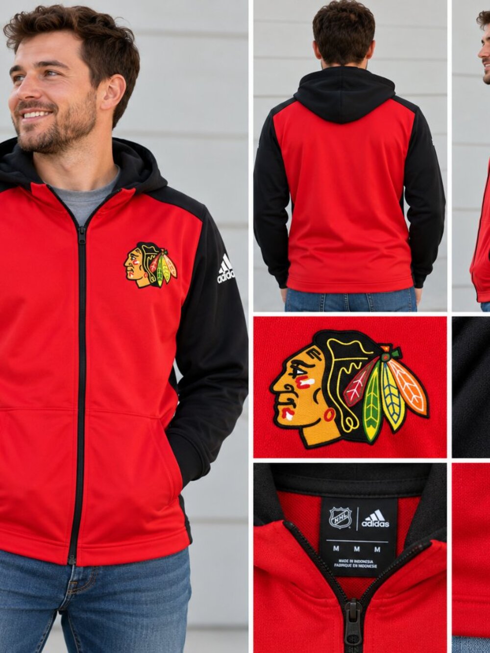 Adidas Chicago Blackhawks NHL Full Zip Hoodie Men's Medium Red Black